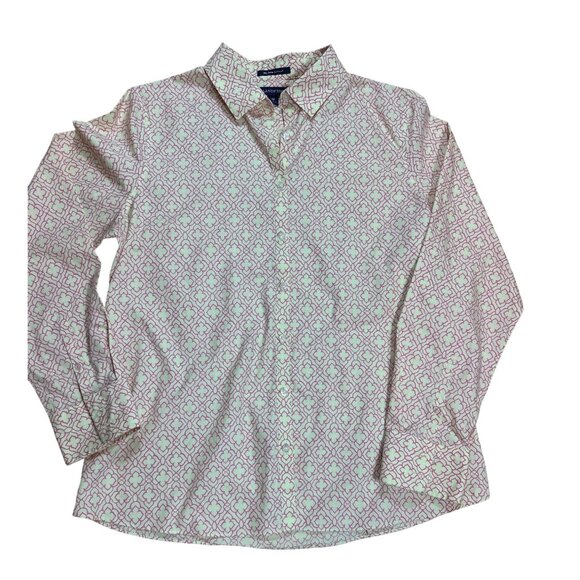 Lands End Women's No Iron Supima Yellow Pink Patterned Button Up Shirt Size 12 - Picture 1 of 5